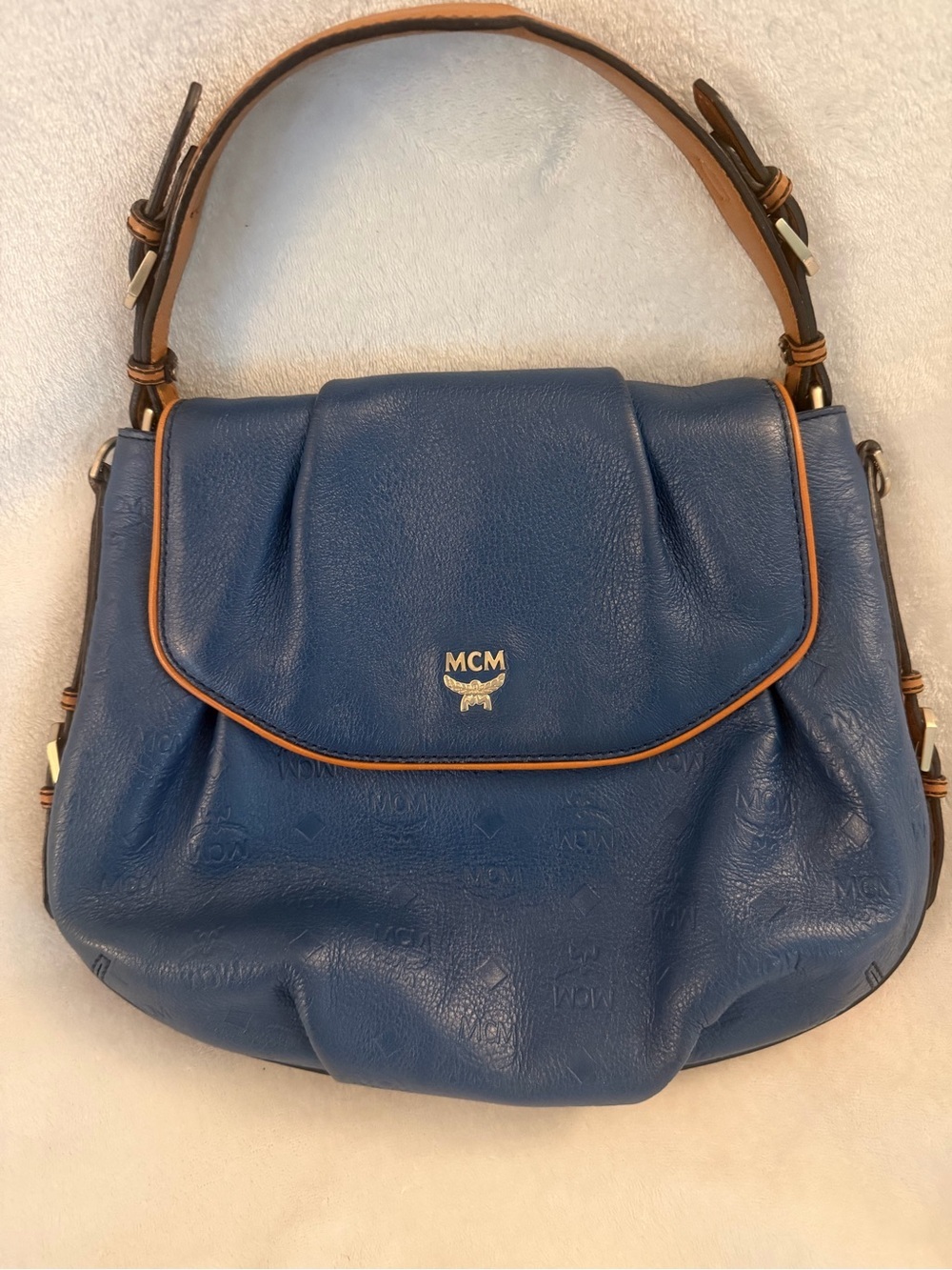 MCM Blue Leather Shoulder Bag with Tan strap - Picture 2 of 11